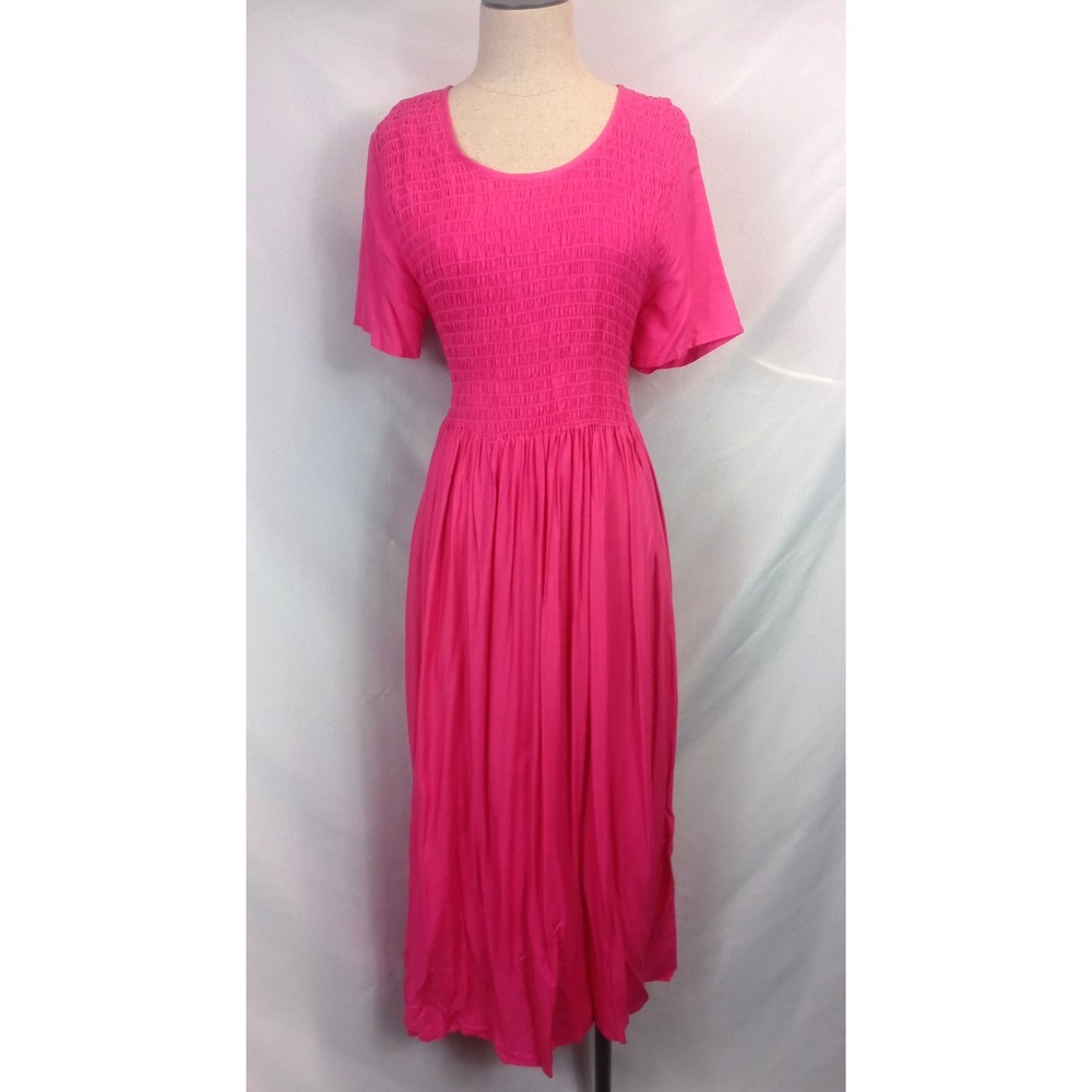 Anthony Richards Dress Size Large Hot Pink‎ Smocked Midi Short Sleeve
